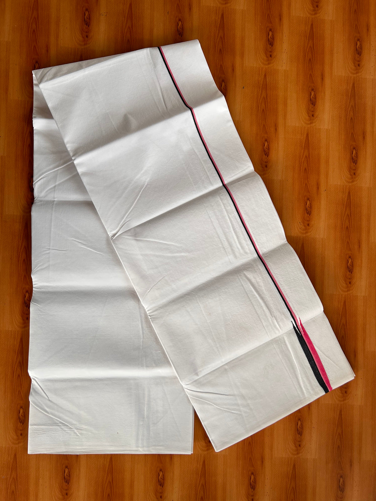 Pure White Single Mundu/Dhoti - 20% Discount! KaithariKada Pulimood 100% Cotton - 100s - 0.5 inch Puliyilakkara Pink & Black Chutty (2 meter / 4 muzham) - 43 KK5534 ASH