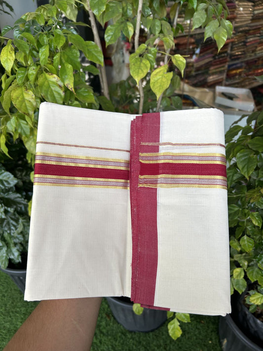25% Discount ! Kaitharikada Handloom Millpaav Balaramapuram - 100% Pure Cotton Off White - (Unbleached) Double Mundu/Dhoti - 80x90 - 1.75 inch Gold Kasav & Silver Kasav Maroon Striped Kara 4 mtr (8.5 Muzham) - 11 KK5320 RAM