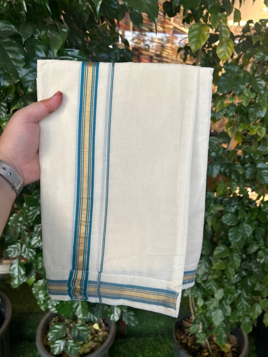 20% Discount ! KaithariKada Balaramapuram Mixed Cotton Double Off white - (Ubleached) Mundu/Dhoti  VELCRO Mundu/Dhoti  - (80s) -  1 inch Gold Kasavu & Peacock Blue Striped kara 4mtr (8.5 muzham) - 3 KK5284 PMC
