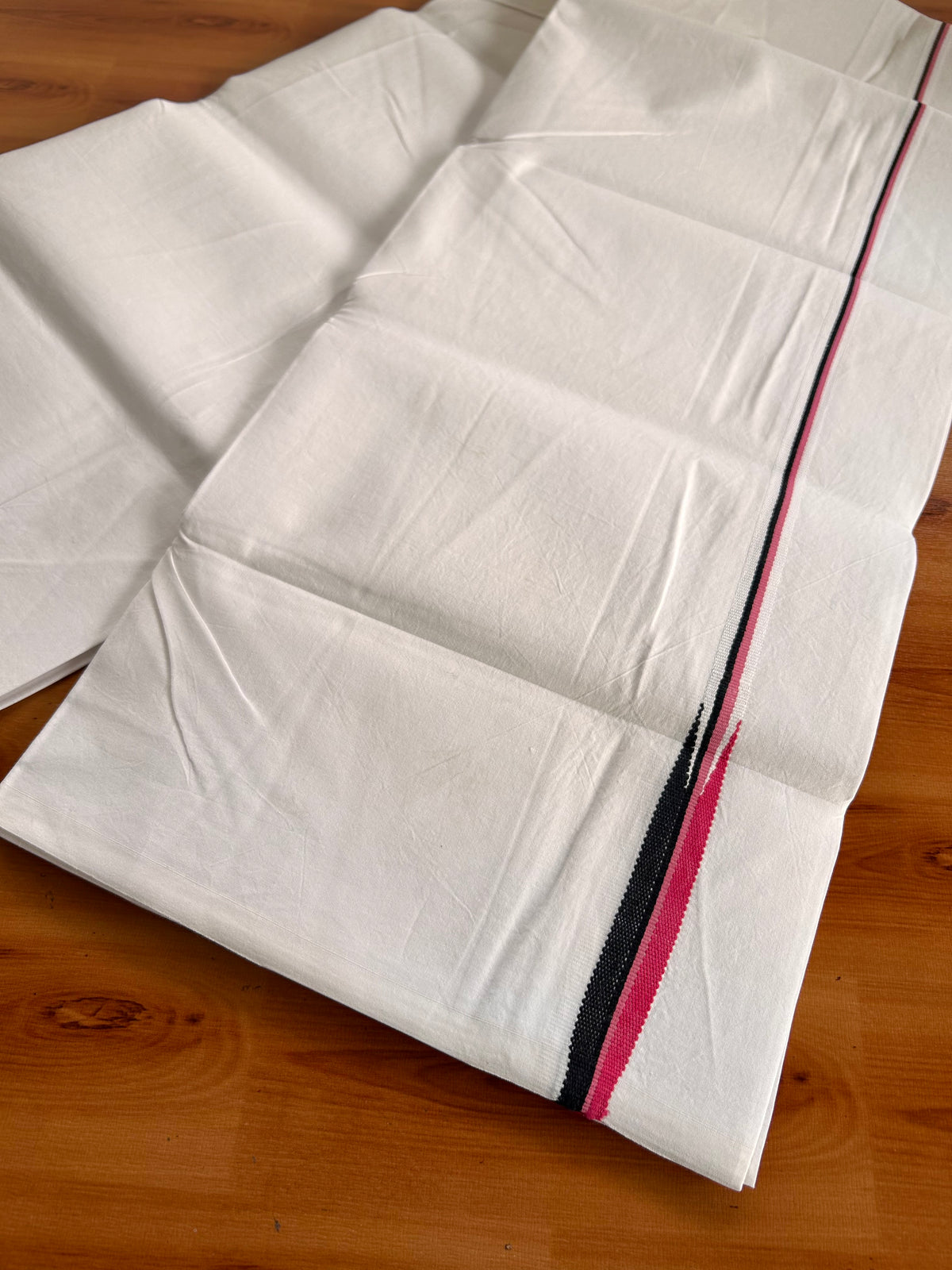 Pure White Single Mundu/Dhoti - 20% Discount! KaithariKada Pulimood 100% Cotton - 100s - 0.5 inch Puliyilakkara Pink & Black Chutty (2 meter / 4 muzham) - 43 KK5534 ASH