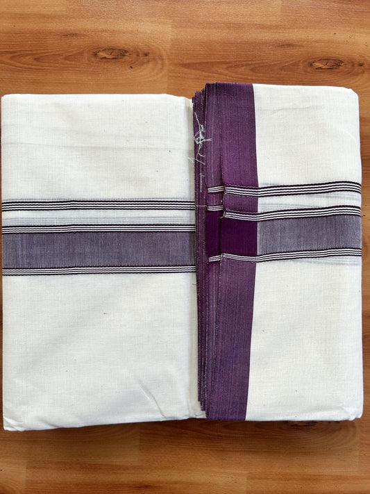 Double Off white - (Unbleached) Mundu/Dhoti- 20% Discount!! KaithariKada Balaramapuram 100% Cotton - 100x80 - 1.25 inch Dark Purple Shaded Striped Kara - 3.75 mtr (8 Muzham) - 6 KK5419 ASH