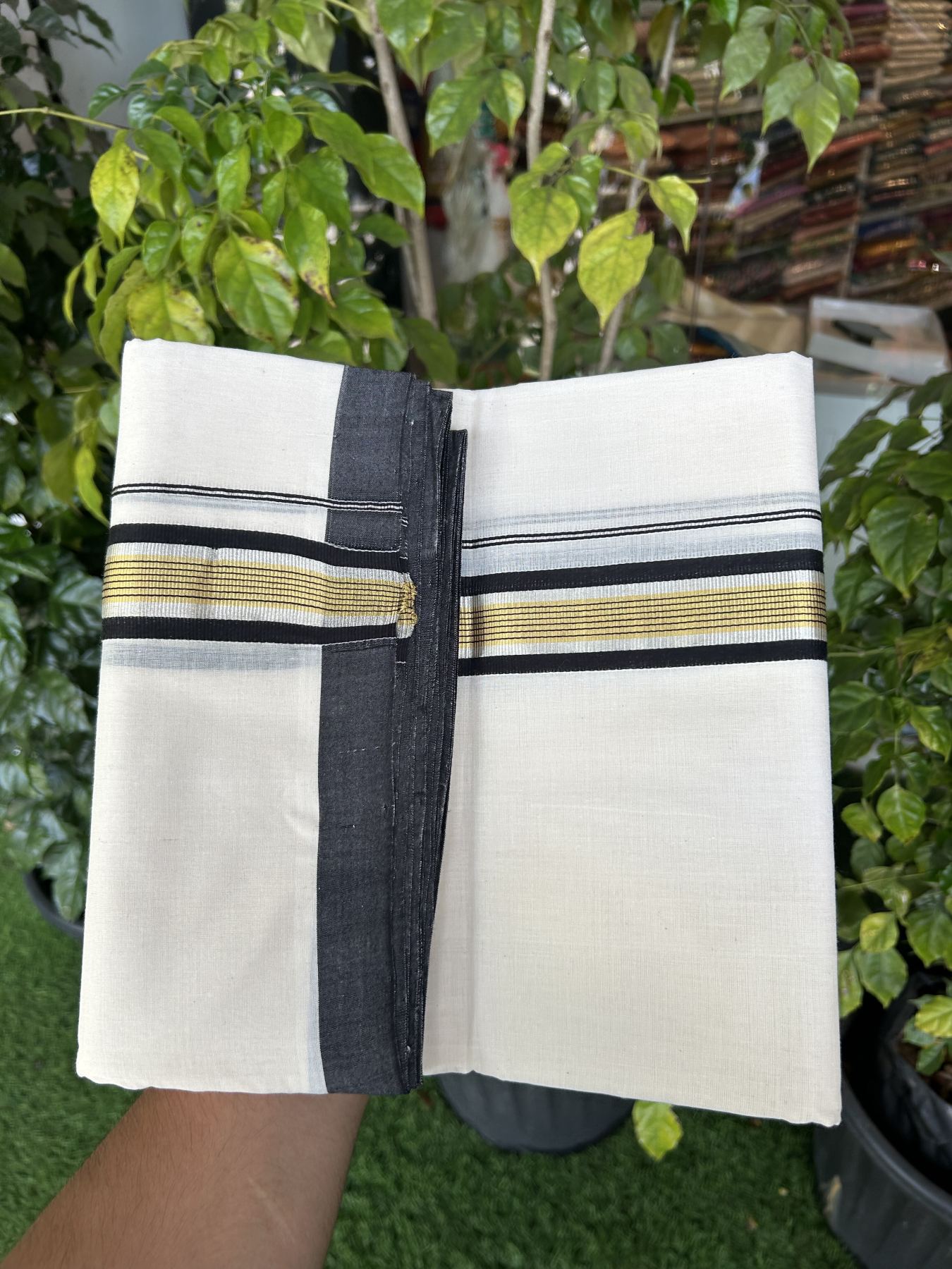 25% Discount ! Kaitharikada Handloom  Millpaav Balaramapuram - 100% Pure Cotton Off White - (Unbleached) Double Mundu/Dhoti - 80x90 - 1.75 inch Gold Kasav & Silver Kasav Black Striped Kara 4 mtr (8.5 Muzham) - 3 KK5320 RAM