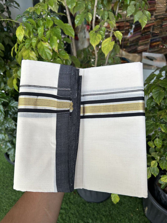 25% Discount ! Kaitharikada Handloom  Millpaav Balaramapuram - 100% Pure Cotton Off White - (Unbleached) Double Mundu/Dhoti - 80x90 - 1.75 inch Gold Kasav & Silver Kasav Black Striped Kara 4 mtr (8.5 Muzham) - 3 KK5320 RAM