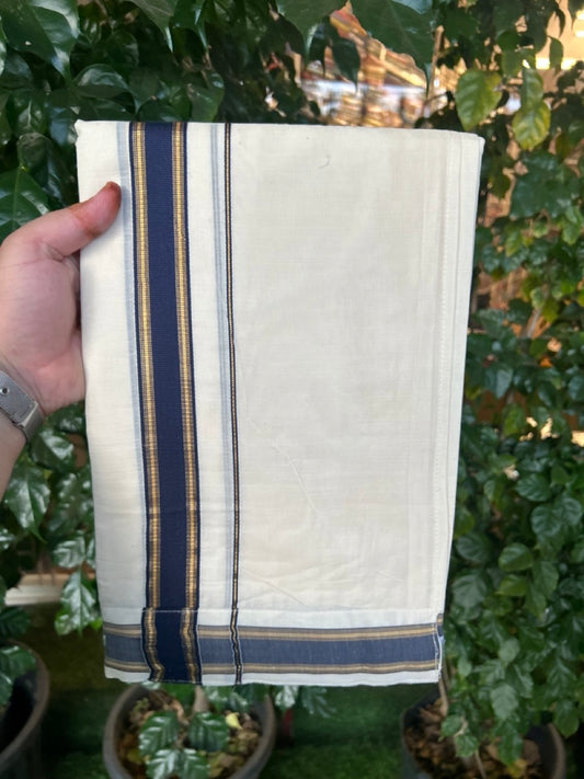 20% Discount ! KaithariKada Balaramapuram Mixed Cotton Double Off white - (Ubleached) Mundu/Dhoti  VELCRO Mundu/Dhoti  - (80s) -  1.25 inch Gold Kasavu & Blue Striped kara 4mtr (8.5 muzham) - 2 KK5284 PMC