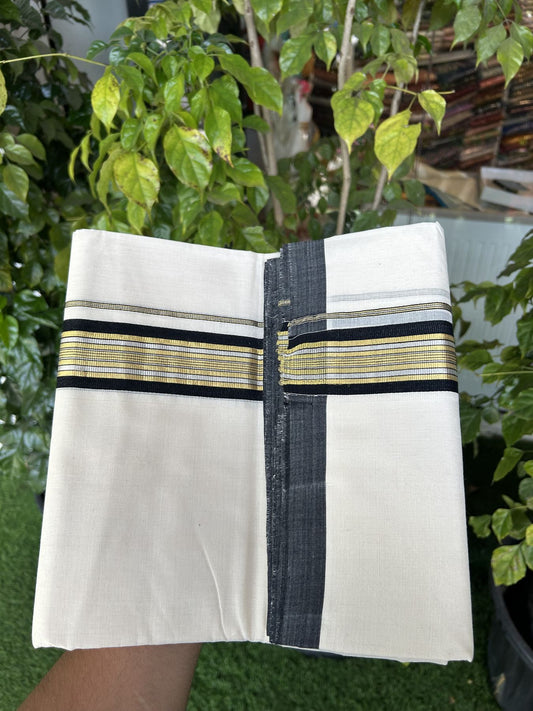25% Discount ! Kaitharikada Handloom  Millpaav Balaramapuram - 100% Pure Cotton Off White - (Unbleached) Double Mundu/Dhoti - 80x90 - 1.75 inch Gold Kasav & Silver Kasav Black Striped Kara 4 mtr (8.5 Muzham) - 4 KK5320 RAM