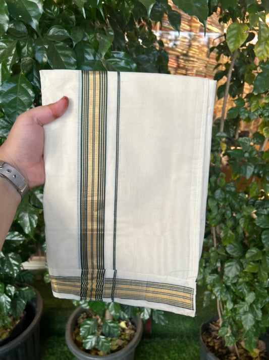 20% Discount ! KaithariKada Balaramapuram Mixed Cotton Double Off white - (Ubleached) Mundu/Dhoti  VELCRO Mundu/Dhoti  - (80s) -  1.25 inch Gold Kasavu & Green Striped kara 4mtr (8.5 muzham) -1 KK5284 PMC