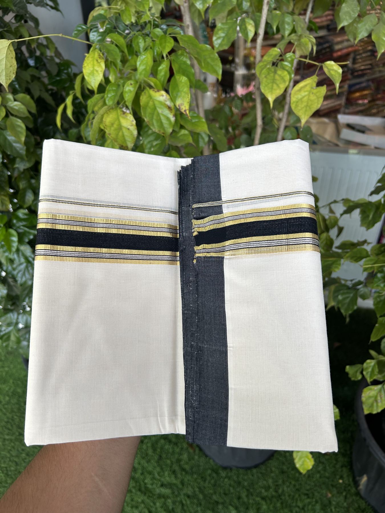 25% Discount ! Kaitharikada Handloom  Millpaav Balaramapuram - 100% Pure Cotton Off White - (Unbleached) Double Mundu/Dhoti - 80x90 - 1.75 inch Gold Kasav & Silver Kasav Black Striped Kara 4 mtr (8.5 Muzham) - 1 KK5320 RAM