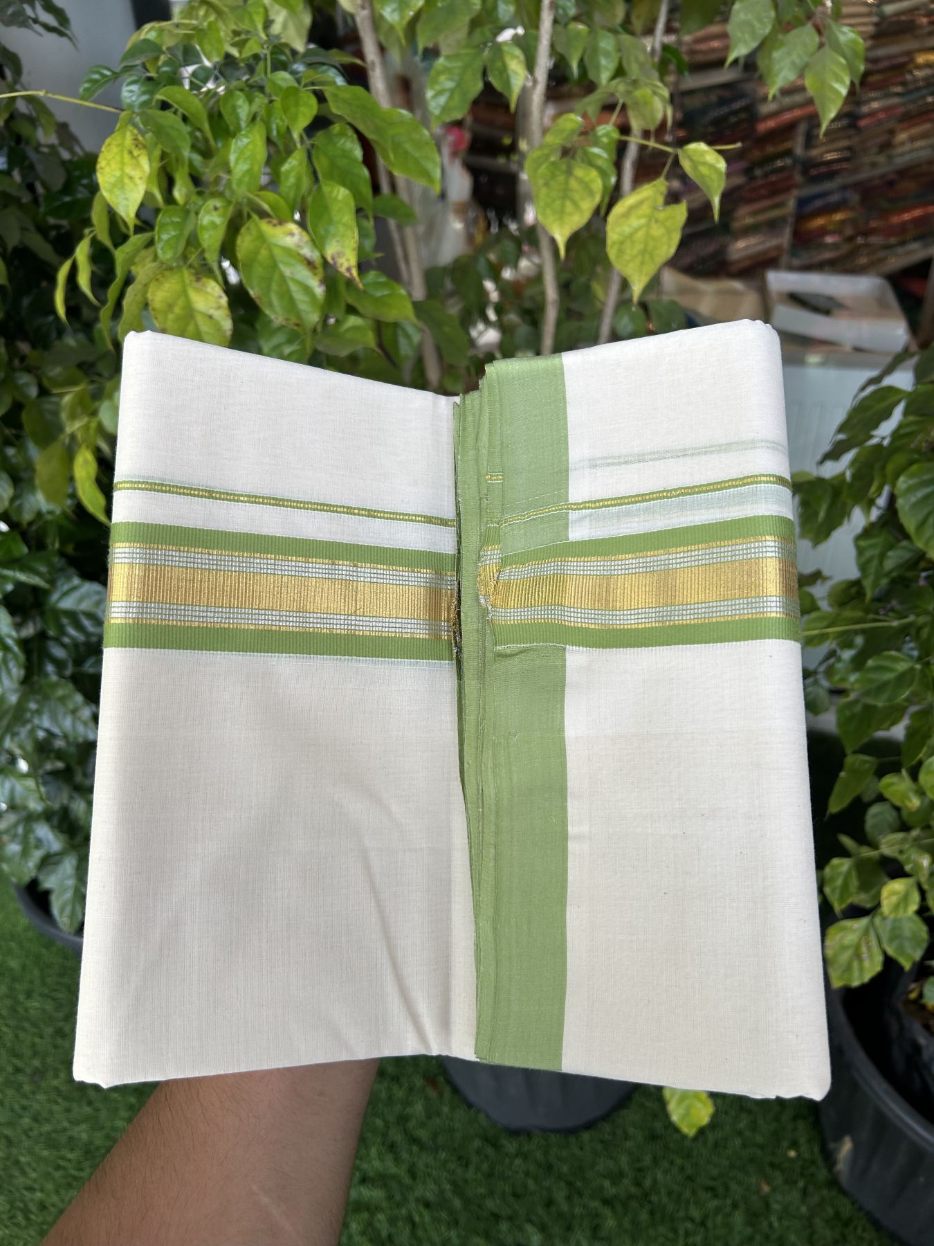 25% Discount ! Kaitharikada Handloom Millpaav Balaramapuram - 100% Pure Cotton Off White - (Unbleached) Double Mundu/Dhoti - 80x90 - 1.75 inch Gold Kasav & Silver Kasav Parrot Green Striped Kara 4 mtr (8.5 Muzham) - 10 KK5320 RAM
