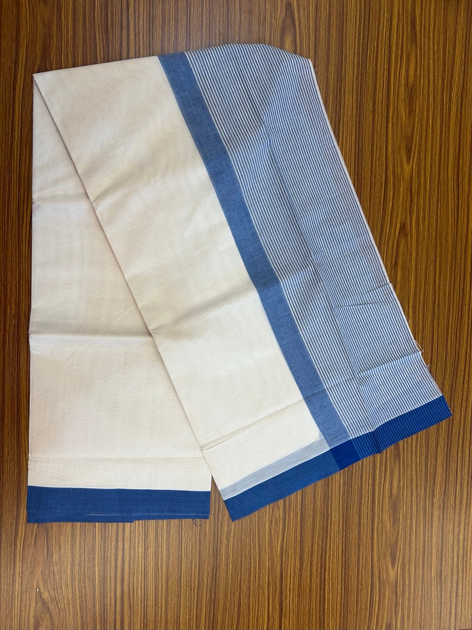 21% Discount! KaithariKada Balaramapuram 100% Cotton Off white (Unbleached) Double Mundu/Dhoti - 100x80 - 7.25 inch Blue Stripes Kara 4 mtr (8.5 muzham) - 33 KK5284 PMC