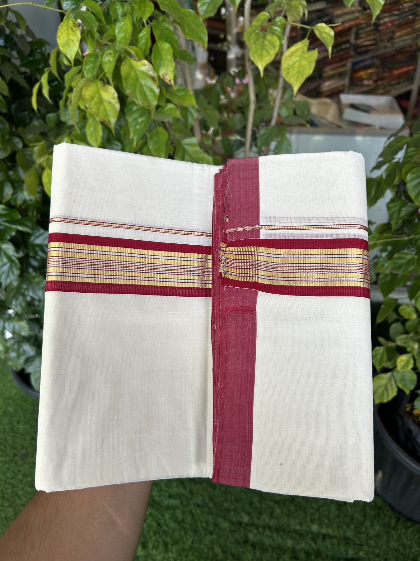 25% Discount ! Kaitharikada Handloom Millpaav Balaramapuram - 100% Pure Cotton Off White - (Unbleached) Double Mundu/Dhoti - 80x90 - 1.75 inch Gold Kasav & Silver Kasav Maroon Striped Kara 4 mtr (8.5 Muzham) - 12 KK5320 RAM