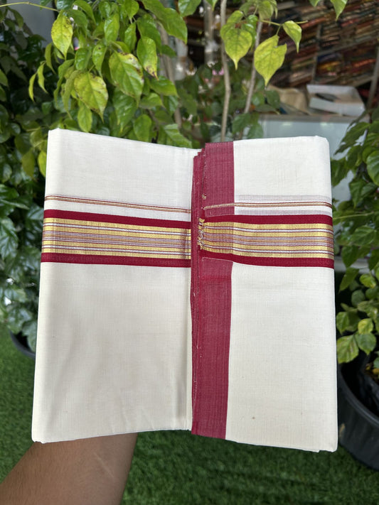 25% Discount ! Kaitharikada Handloom Millpaav Balaramapuram - 100% Pure Cotton Off White - (Unbleached) Double Mundu/Dhoti - 80x90 - 1.75 inch Gold Kasav & Silver Kasav Maroon Striped Kara 4 mtr (8.5 Muzham) - 12 KK5320 RAM