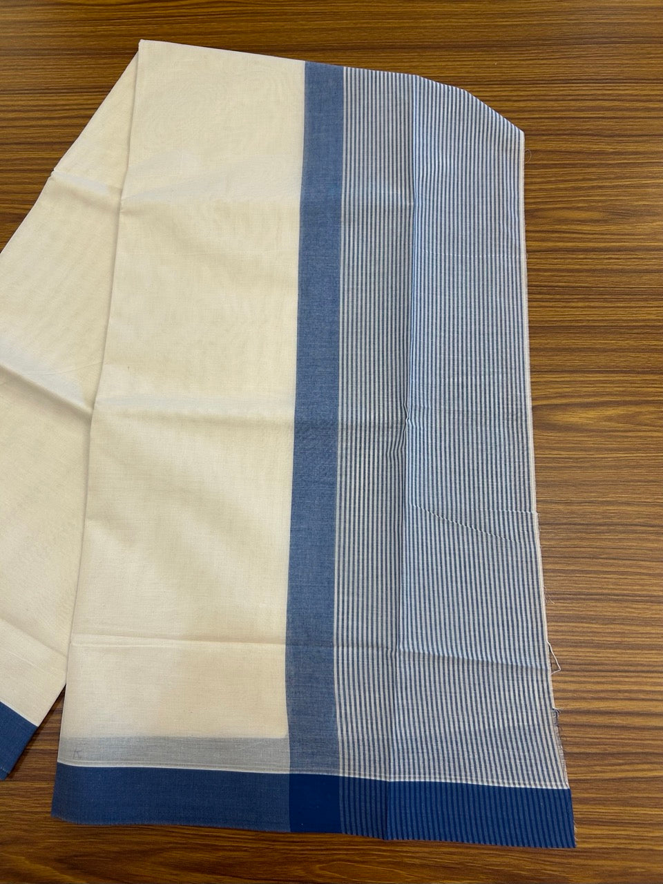 21% Discount! KaithariKada Balaramapuram 100% Cotton Off white (Unbleached) Double Mundu/Dhoti - 100x80 - 7.25 inch Blue Stripes Kara 4 mtr (8.5 muzham) - 33 KK5284 PMC