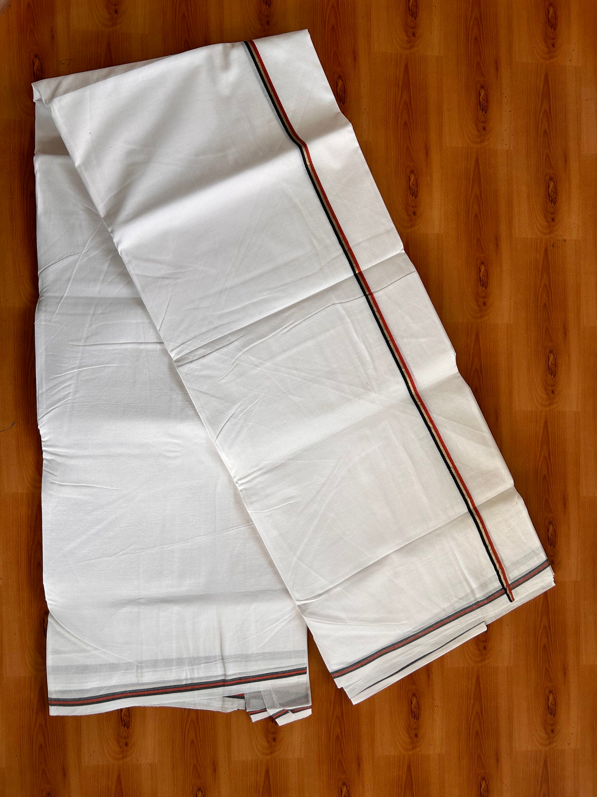 Pure White Double Mundu/Dhoti - 20% Discount! KaithariKada Pulimood - 100% Cotton - 100x100 - 0.25 inch Silver Kasav Red & Black Kara 4 mtr (8.5 muzham) - 38 KK5534 ASH