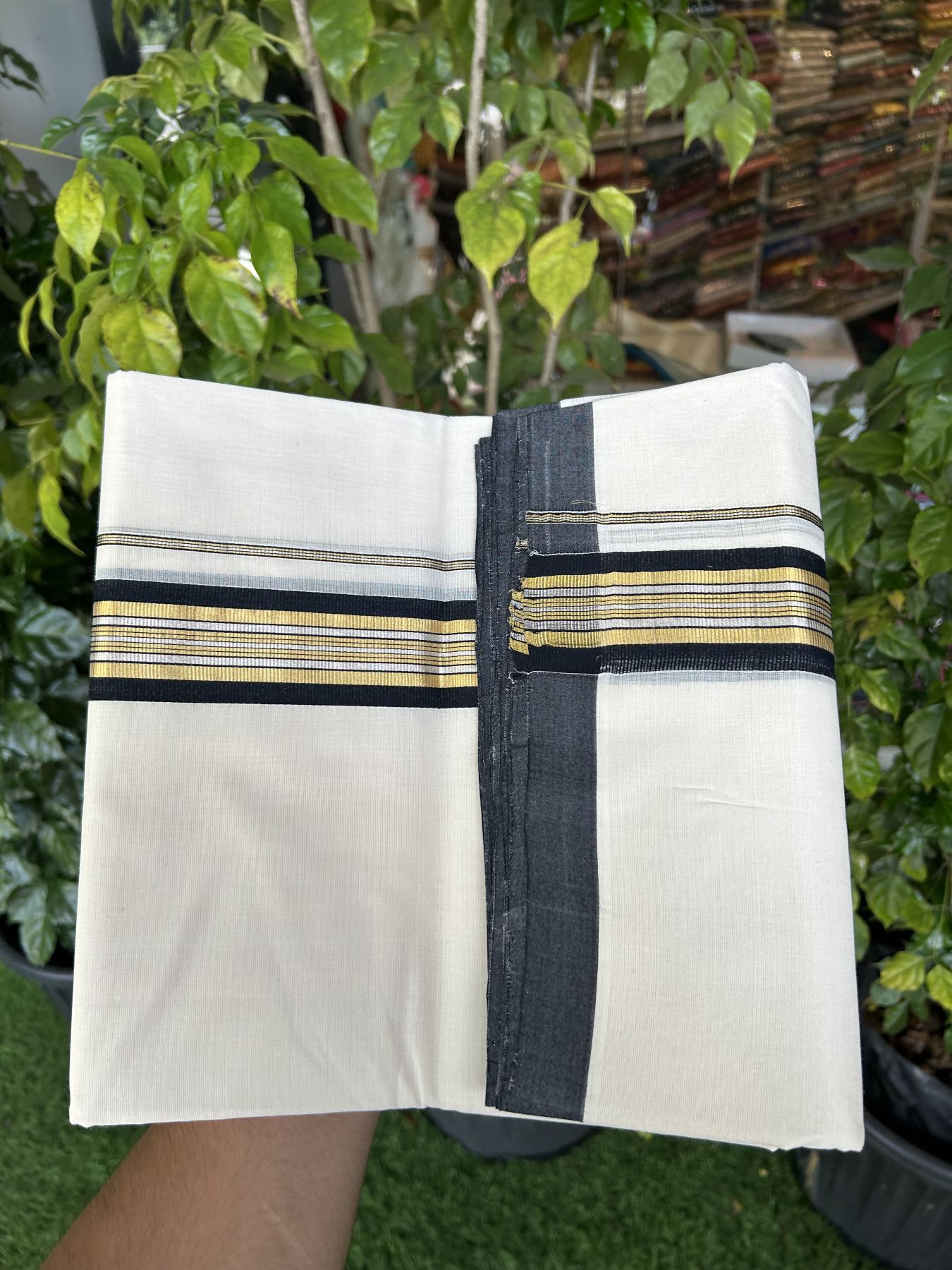 25% Discount ! Kaitharikada Handloom Millpaav Balaramapuram - 100% Pure Cotton Off White - (Unbleached) Double Mundu/Dhoti - 80x90 - 1.75 inch Gold Kasav & Silver Kasav Black Striped Kara 4 mtr (8.5 Muzham) - 9 KK5320 RAM