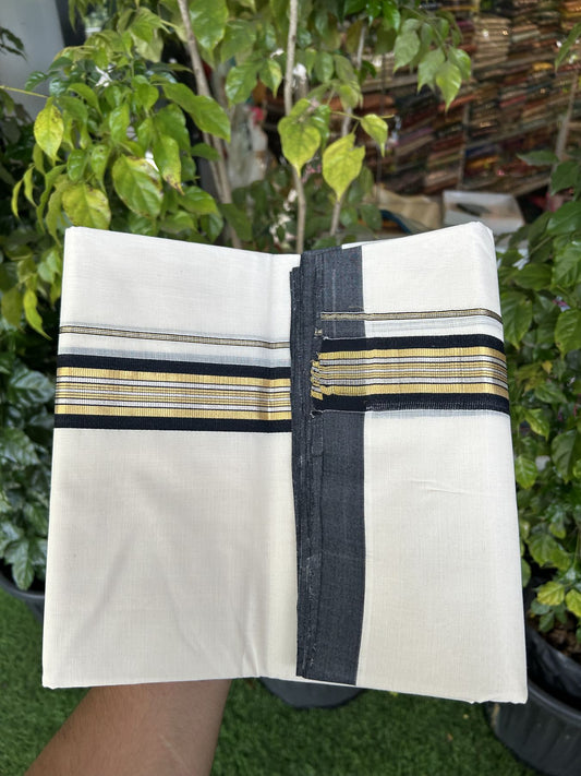 25% Discount ! Kaitharikada Handloom Millpaav Balaramapuram - 100% Pure Cotton Off White - (Unbleached) Double Mundu/Dhoti - 80x90 - 1.75 inch Gold Kasav & Silver Kasav Black Striped Kara 4 mtr (8.5 Muzham) - 9 KK5320 RAM