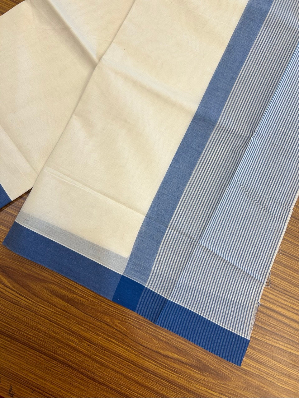 21% Discount! KaithariKada Balaramapuram 100% Cotton Off white (Unbleached) Double Mundu/Dhoti - 100x80 - 7.25 inch Blue Stripes Kara 4 mtr (8.5 muzham) - 33 KK5284 PMC