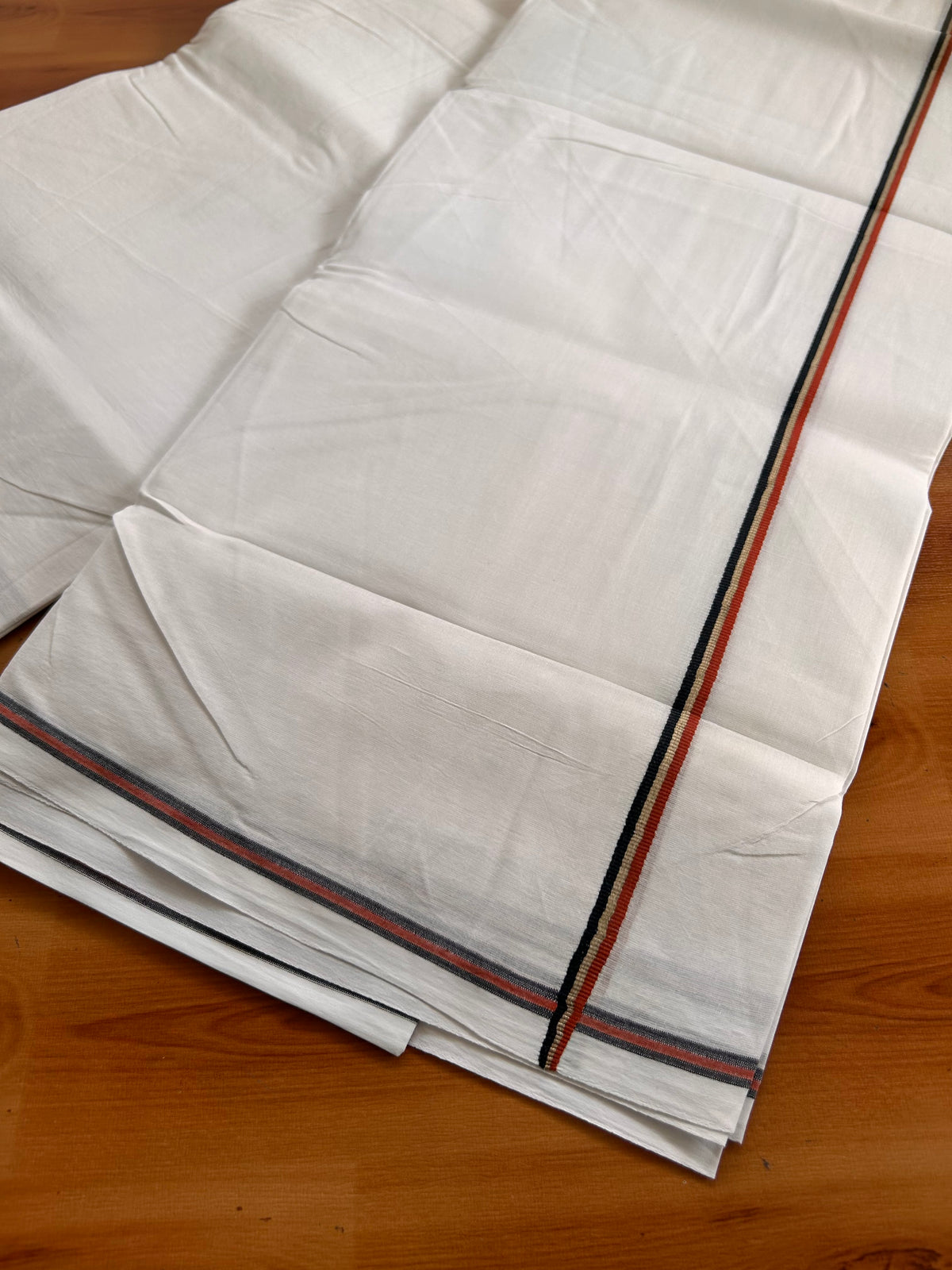 Pure White Double Mundu/Dhoti - 20% Discount! KaithariKada Pulimood - 100% Cotton - 100x100 - 0.25 inch Silver Kasav Red & Black Kara 4 mtr (8.5 muzham) - 38 KK5534 ASH