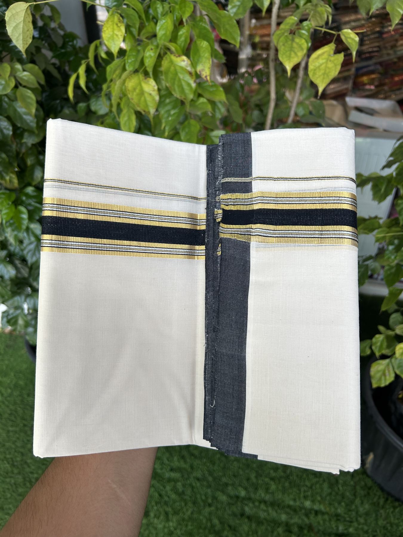 25% Discount ! Kaitharikada Handloom  Millpaav Balaramapuram - 100% Pure Cotton Off White - (Unbleached) Double Mundu/Dhoti - 80x90 - 1.75 inch Gold Kasav & Silver Kasav Black Striped Kara 4 mtr (8.5 Muzham) - 2 KK5320 RAM