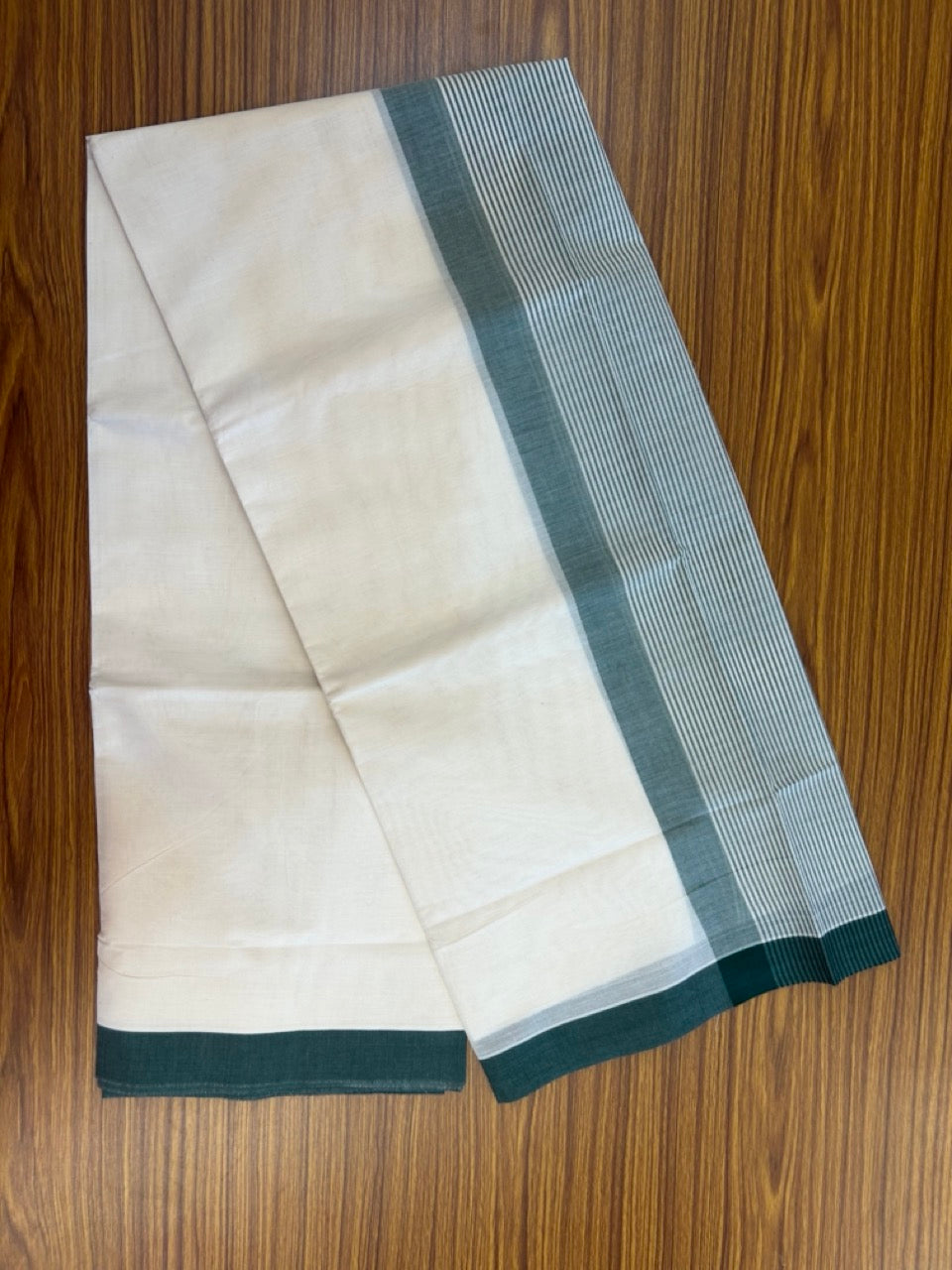 21% Discount! KaithariKada Balaramapuram 100% Cotton Off white (Unbleached) Double Mundu/Dhoti - 100x80 - 7.25 inch Green Stripes Kara 4 mtr (8.5 muzham) - 34 KK5284 PMC