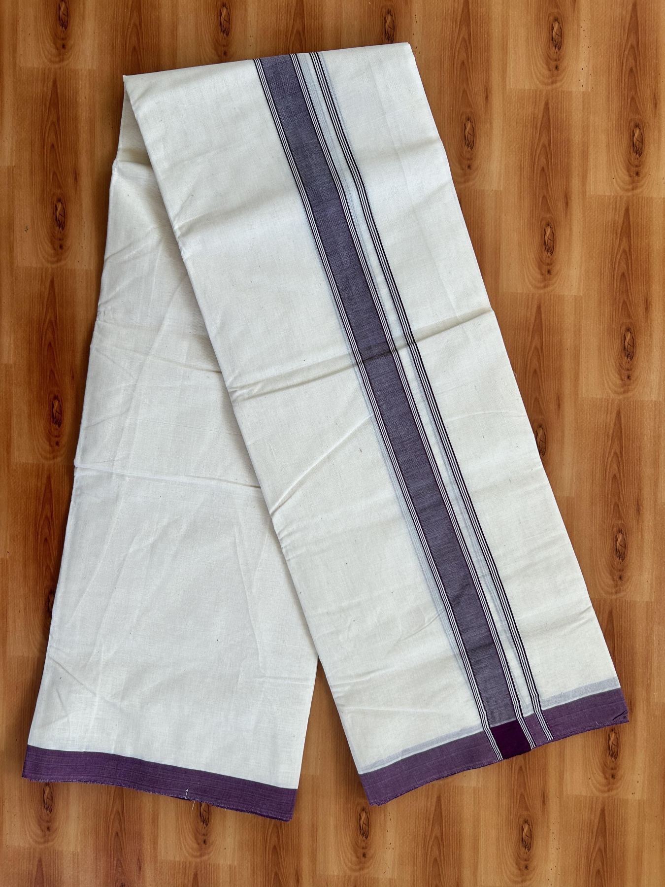Double Off white - (Unbleached) Mundu/Dhoti- 20% Discount!! KaithariKada Balaramapuram 100% Cotton - 100x80 - 1.25 inch Dark Purple Shaded Striped Kara - 3.75 mtr (8 Muzham) - 6 KK5419 ASH