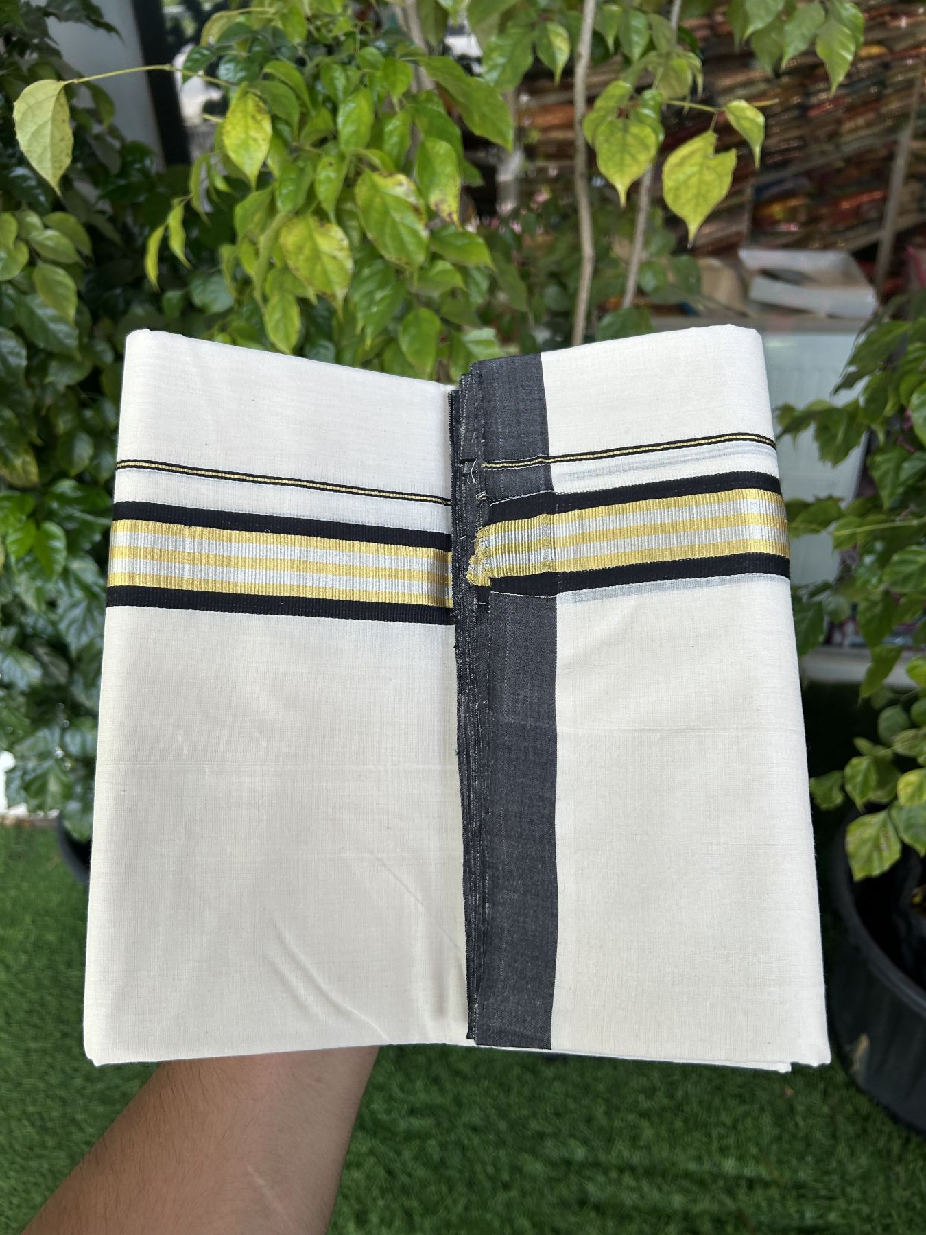 25% Discount ! Kaitharikada Handloom Millpaav Balaramapuram - 100% Pure Cotton Off White - (Unbleached) Double Mundu/Dhoti - 80x90 - 1.75 inch Gold Kasav & Silver Kasav Black Striped Kara 4 mtr (8.5 Muzham) - 8 KK5320 RAM