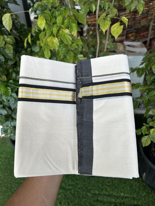 25% Discount ! Kaitharikada Handloom Millpaav Balaramapuram - 100% Pure Cotton Off White - (Unbleached) Double Mundu/Dhoti - 80x90 - 1.75 inch Gold Kasav & Silver Kasav Black Striped Kara 4 mtr (8.5 Muzham) - 8 KK5320 RAM