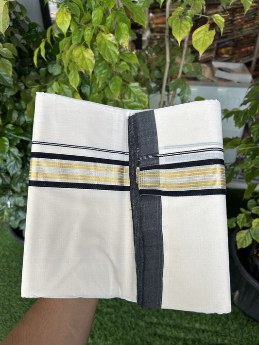 25% Discount ! Kaitharikada Handloom  Millpaav Balaramapuram - 100% Pure Cotton Off White - (Unbleached) Double Mundu/Dhoti - 80x90 - 1.75 inch Gold Kasav & Silver Kasav Black Striped Kara 4 mtr (8.5 Muzham) - 7 KK5320 RAM
