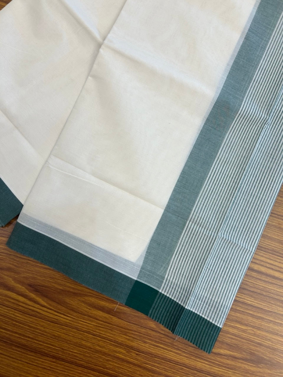 21% Discount! KaithariKada Balaramapuram 100% Cotton Off white (Unbleached) Double Mundu/Dhoti - 100x80 - 7.25 inch Green Stripes Kara 4 mtr (8.5 muzham) - 34 KK5284 PMC