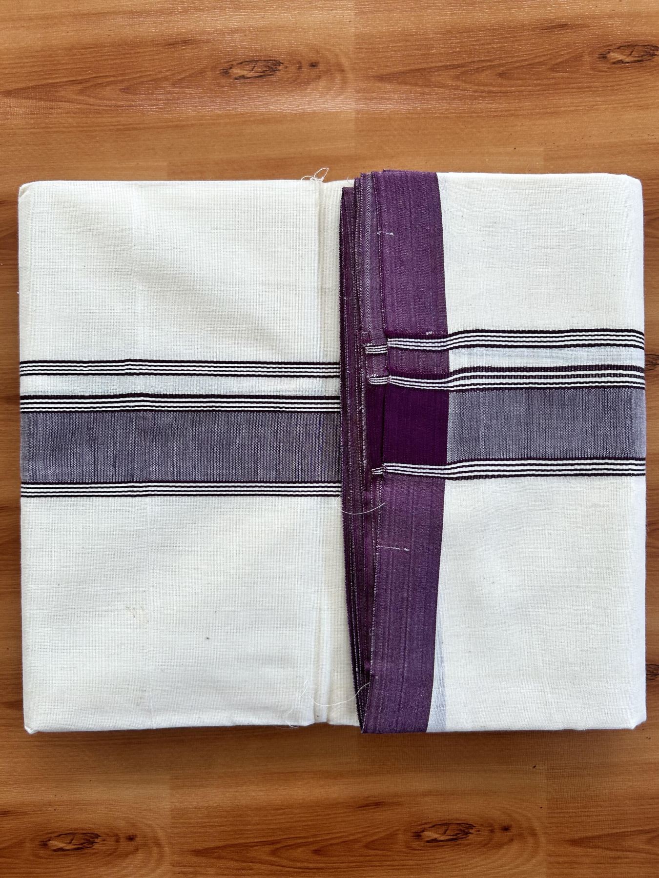 Double Off white - (Unbleached) Mundu/Dhoti- 20% Discount!! KaithariKada Balaramapuram 100% Cotton - 100x80 - 1.5 inch Dark Purple Shaded Striped Kara - 3.75 mtr (8 Muzham) - 4 KK5419 ASH