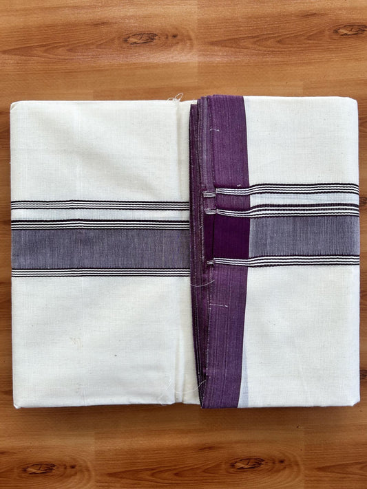 Double Off white - (Unbleached) Mundu/Dhoti- 20% Discount!! KaithariKada Balaramapuram 100% Cotton - 100x80 - 1.5 inch Dark Purple Shaded Striped Kara - 3.75 mtr (8 Muzham) - 4 KK5419 ASH