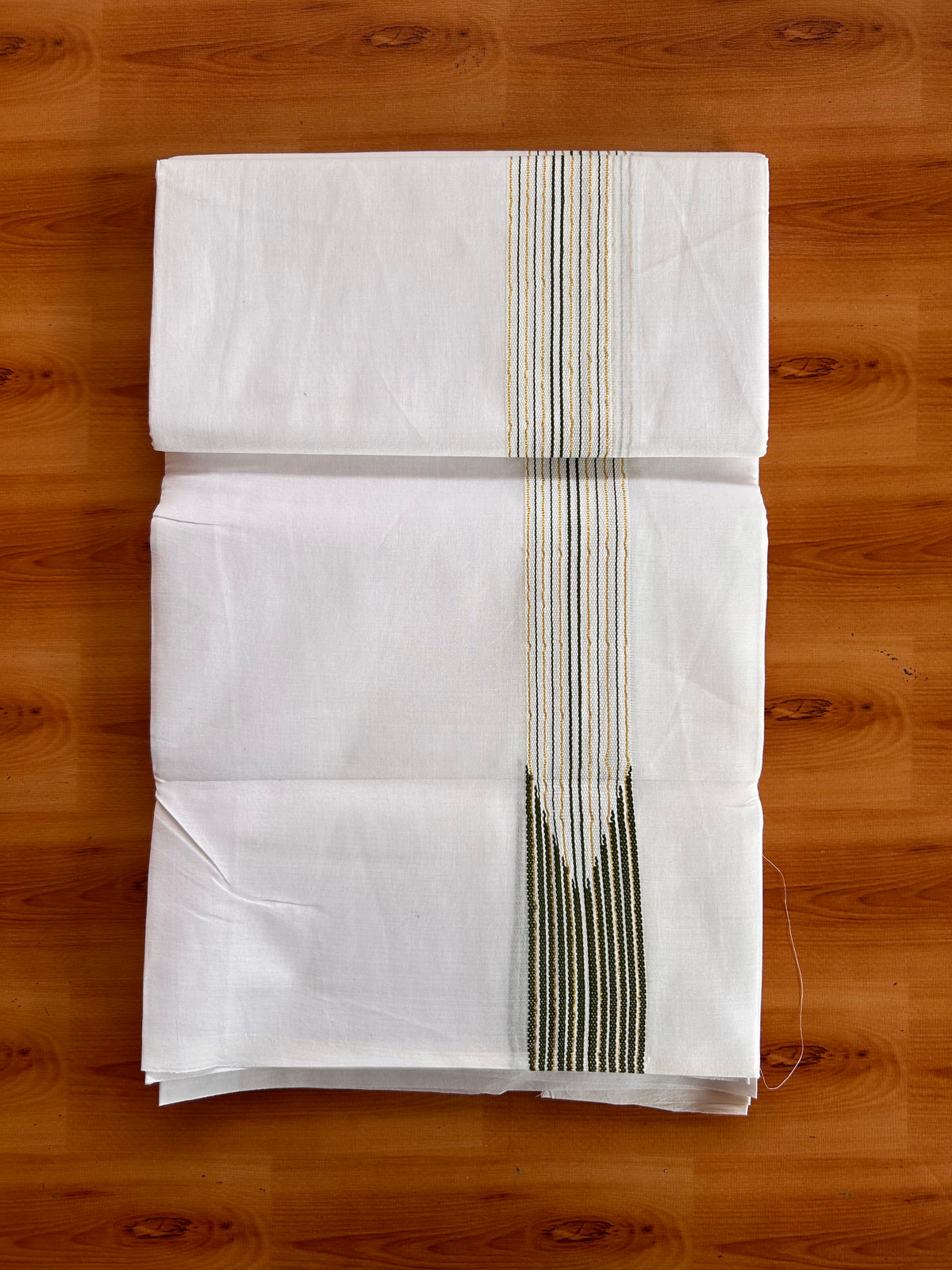 Double Pure white Mundu/Dhoti - 20% Discount! KaithariKada Pulimood- 100% Cotton - 100x100 - 1.5 inch Puliyilakkara Gold Kasav & Olive Green 12 Line Chutty 4 m (8.5 muzham) - 36 KK5534 ASH