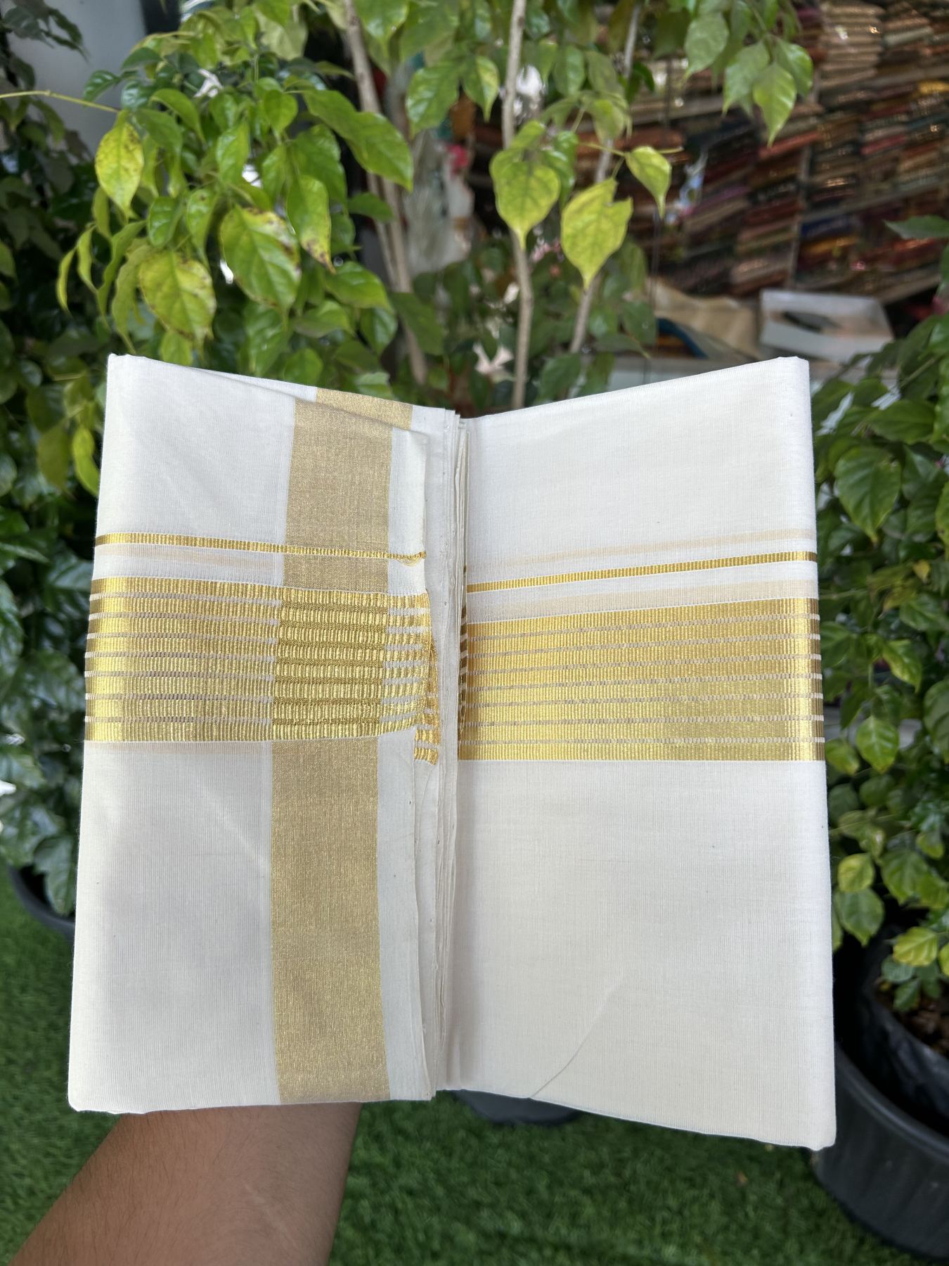 25% Discount! KaithariKada Handloom Millpaav Balaramapuram - Cotton Double Mundu/Dhoti Off white (Unbleached) - 80x90 - 2 inch Kasav striped Kara - 4 meter (8.5 Muzham) - 24 KK5320 RAM