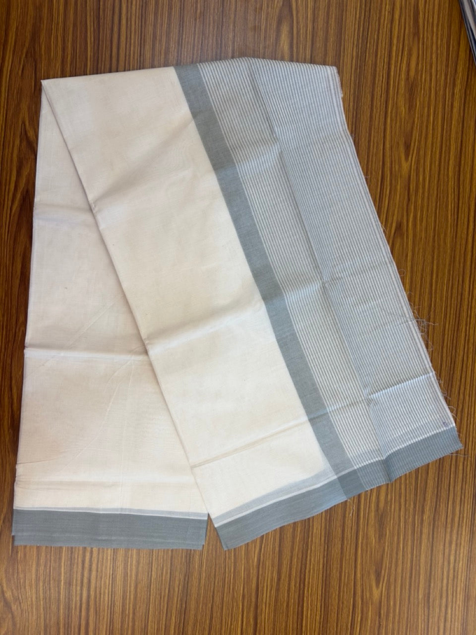 21% Discount! KaithariKada Balaramapuram 100% Cotton Off white (Unbleached) Double Mundu/Dhoti - 100x80 - 7.25 inch Grey Stripes Kara 4 mtr (8.5 muzham) - 37 KK5284 PMC