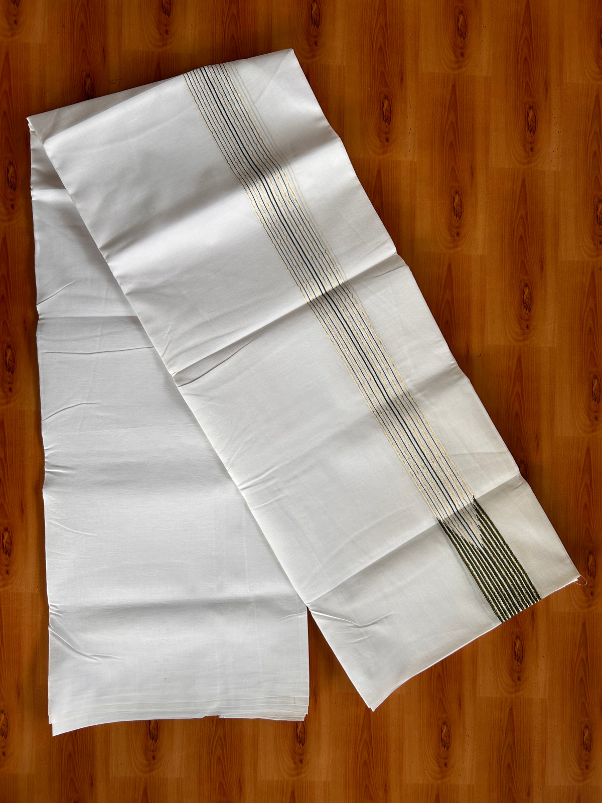 Double Pure white Mundu/Dhoti - 20% Discount! KaithariKada Pulimood- 100% Cotton - 100x100 - 1.5 inch Puliyilakkara Gold Kasav & Olive Green 12 Line Chutty 4 m (8.5 muzham) - 36 KK5534 ASH