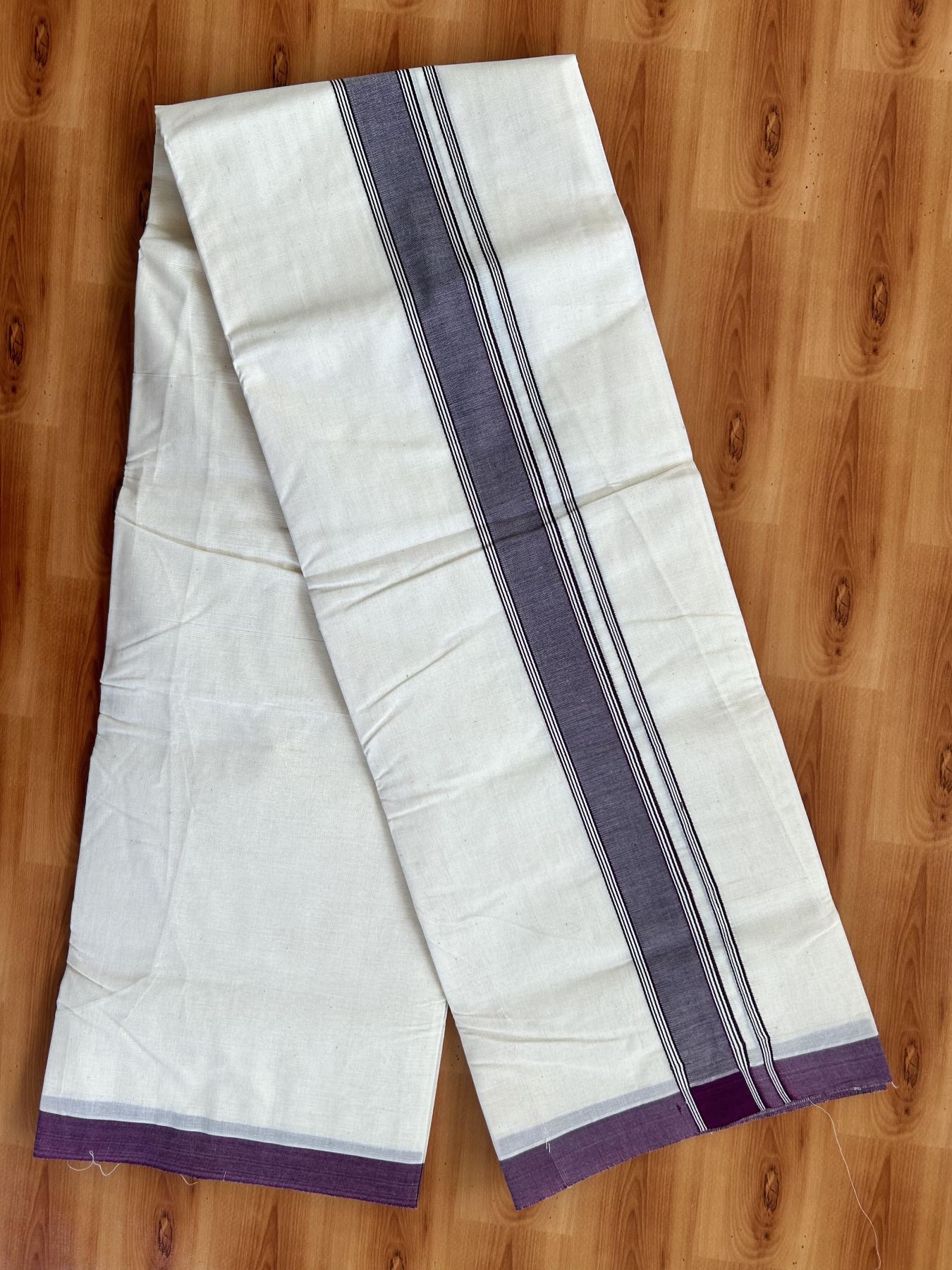 Double Off white - (Unbleached) Mundu/Dhoti- 20% Discount!! KaithariKada Balaramapuram 100% Cotton - 100x80 - 1.5 inch Dark Purple Shaded Striped Kara - 3.75 mtr (8 Muzham) - 4 KK5419 ASH
