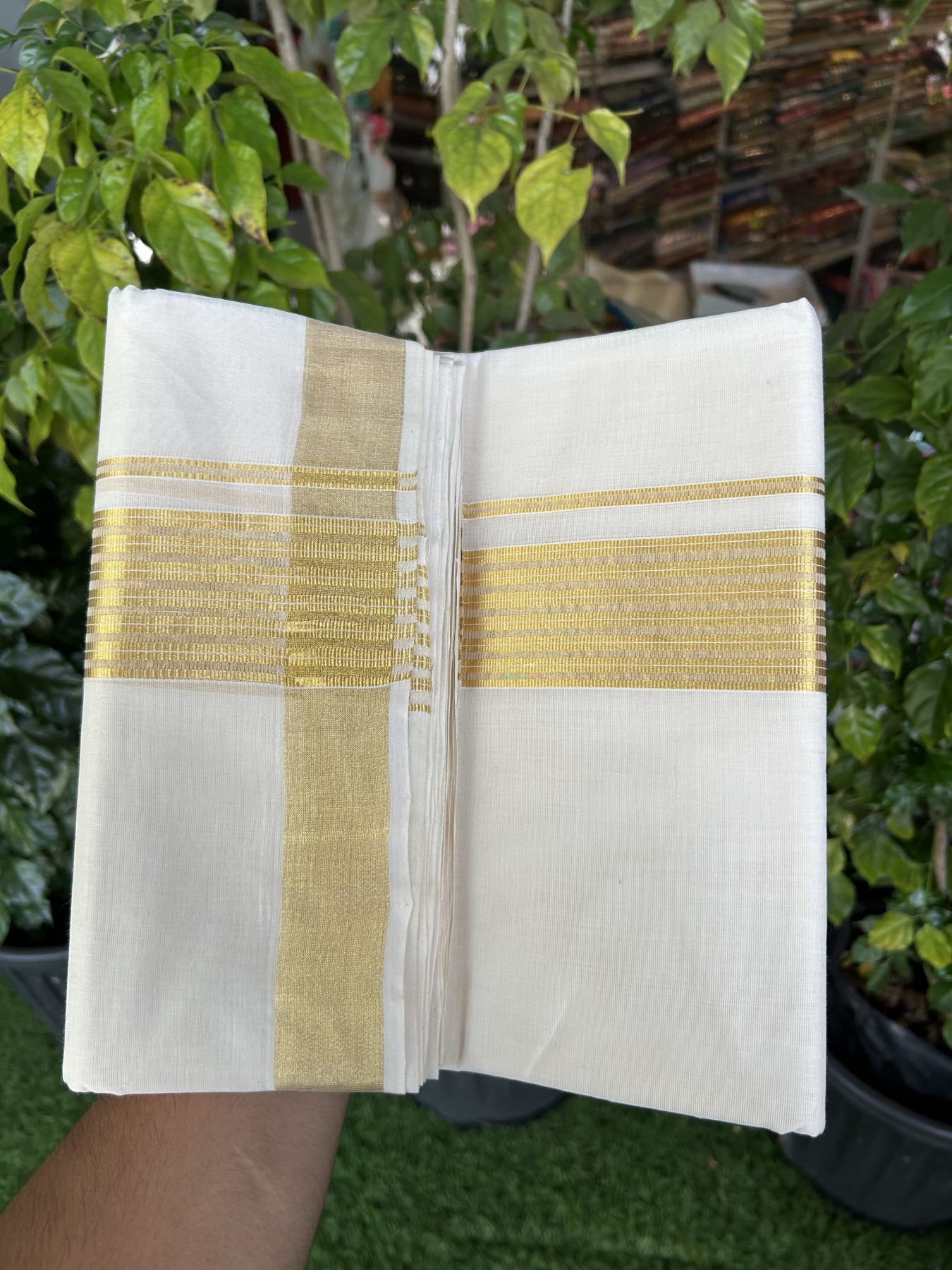 25% Discount! KaithariKada Handloom Millpaav Balaramapuram - Cotton Double Mundu/Dhoti Off white (Unbleached) - 80x90 - 2 inch Kasav striped Kara - 4 meter (8.5 Muzham) - 22 KK5320 RAM