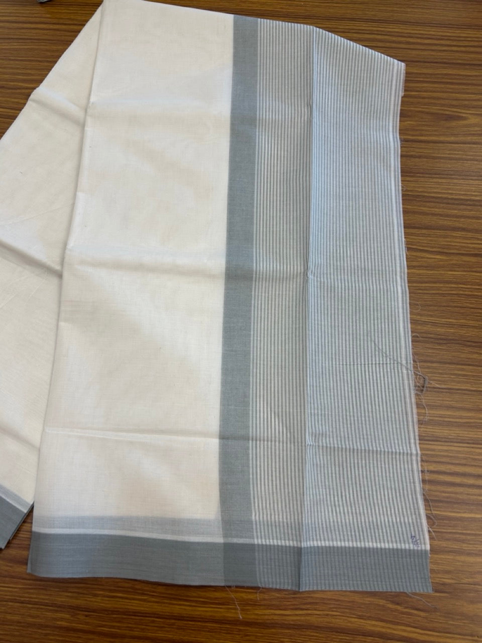 21% Discount! KaithariKada Balaramapuram 100% Cotton Off white (Unbleached) Double Mundu/Dhoti - 100x80 - 7.25 inch Grey Stripes Kara 4 mtr (8.5 muzham) - 37 KK5284 PMC