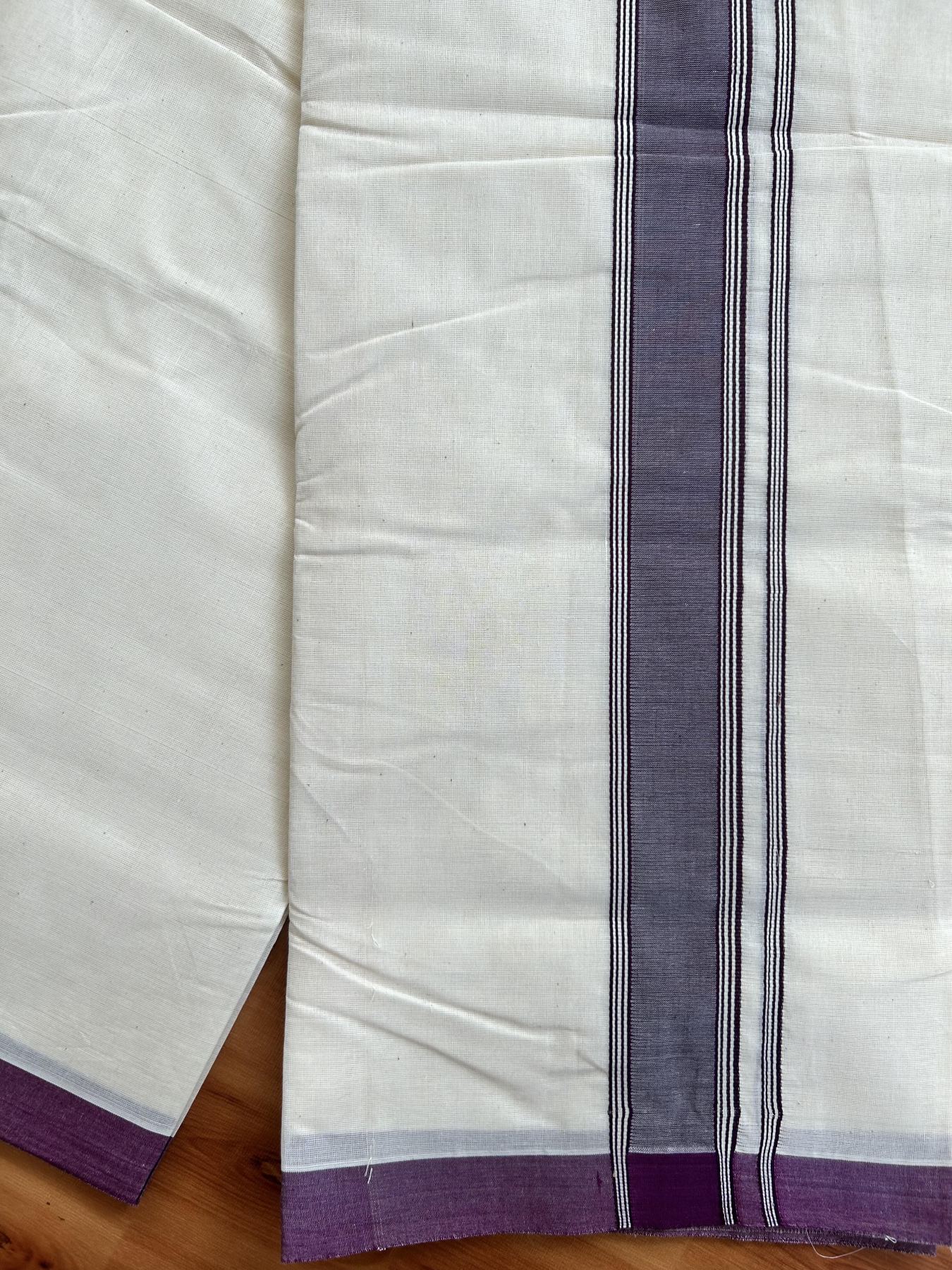 Double Off white - (Unbleached) Mundu/Dhoti- 20% Discount!! KaithariKada Balaramapuram 100% Cotton - 100x80 - 1.5 inch Dark Purple Shaded Striped Kara - 3.75 mtr (8 Muzham) - 4 KK5419 ASH