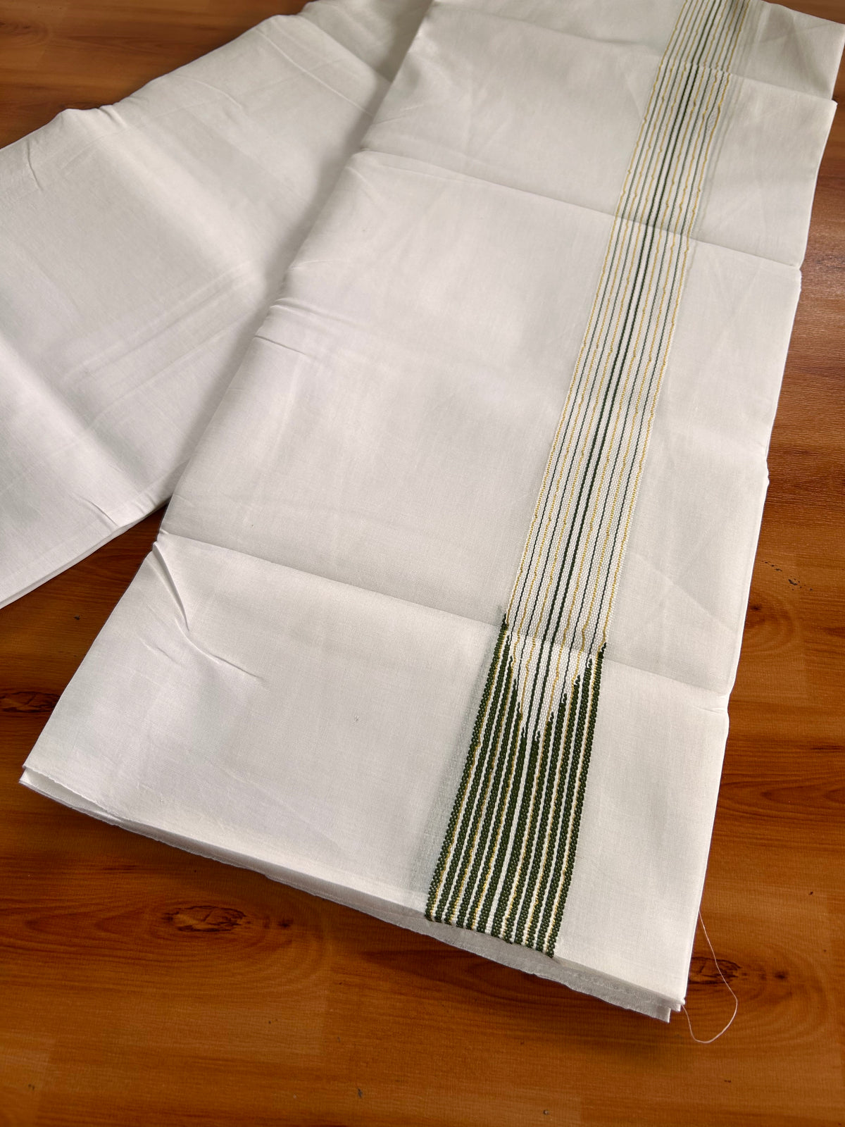 Double Pure white Mundu/Dhoti - 20% Discount! KaithariKada Pulimood- 100% Cotton - 100x100 - 1.5 inch Puliyilakkara Gold Kasav & Olive Green 12 Line Chutty 4 m (8.5 muzham) - 36 KK5534 ASH