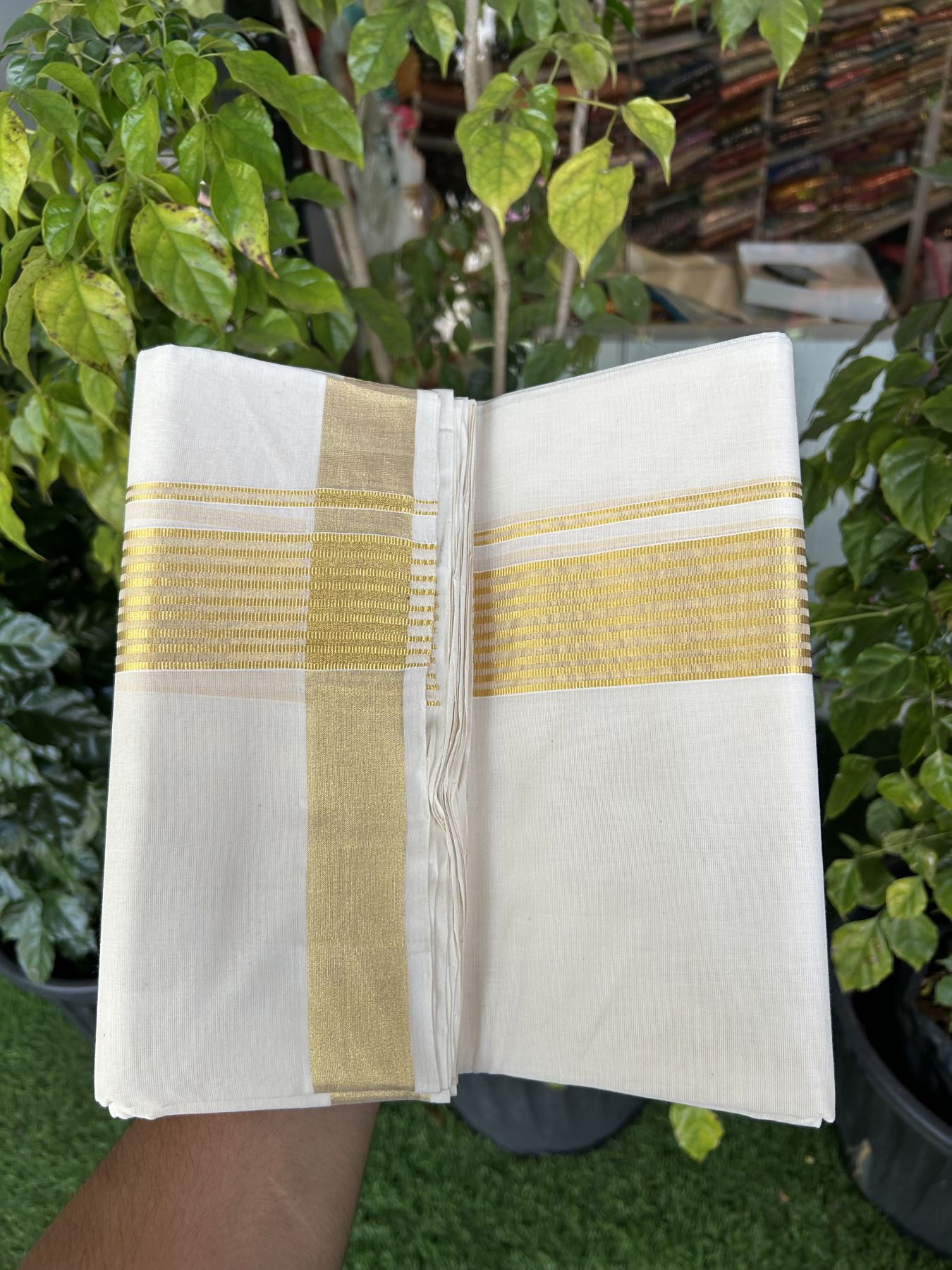25% Discount! KaithariKada Handloom Millpaav Balaramapuram - Cotton Double Mundu/Dhoti Off white (Unbleached) - 80x90 - 2 inch Kasav striped Kara - 4 meter (8.5 Muzham) - 23 KK5320 RAM