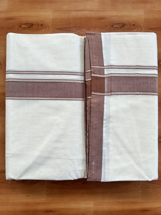 Double Off white - (Unbleached) Mundu/Dhoti- 20% Discount!! KaithariKada Balaramapuram 100% Cotton - 100x80 - 1.25 inch Walnut Brown Shaded Striped Kara - 3.75 mtr (8 Muzham) - 7 KK5419 ASH