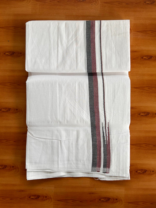 Dmk Veshti - Pure White Single Mundu/Dhoti - 20% Discount !! KaithariKada Pulimood - 100X100 - Puliyilakkara 0.75 inch Maroon & Black Thin Chutty Kara (2 meter / 4 muzham) - 43 KK5534 ASH