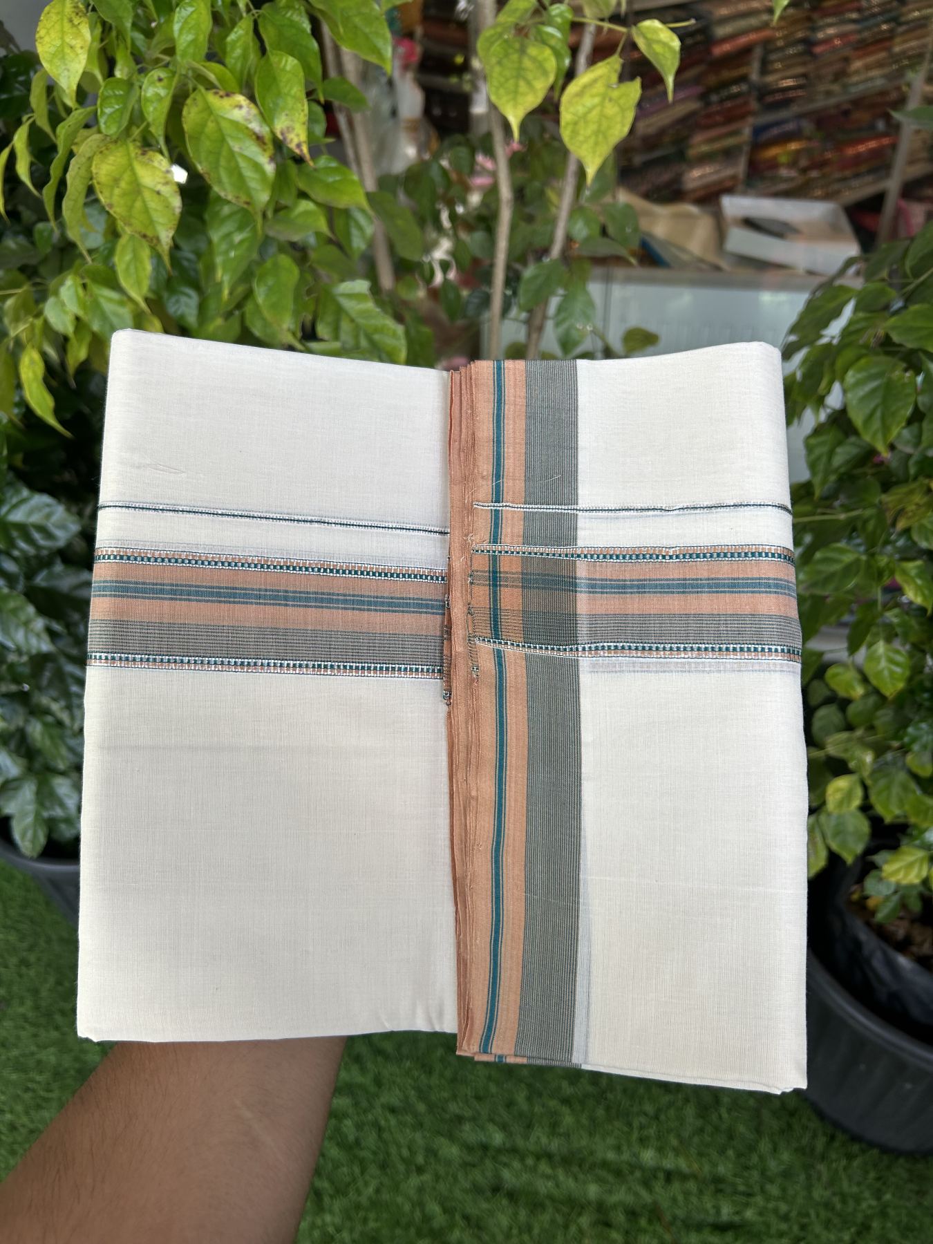 25% Discount ! Kaitharikada Handloom Unakkupaav Balaramapuram - 100% Pure Cotton Off White - (Unbleached) Double Mundu/Dhoti - 100x80 - 1.75 inch Silver Kasav Green & Cinnamon Brown Striped Kara 4 mtr (8.5 Muzham) - 33 KK5320 RAM