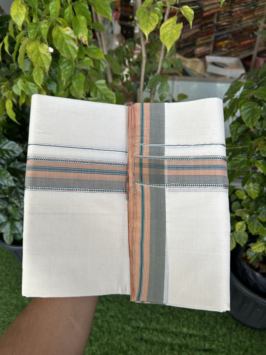 25% Discount ! Kaitharikada Handloom Unakkupaav Balaramapuram - 100% Pure Cotton Off White - (Unbleached) Double Mundu/Dhoti - 100x80 - 1.75 inch Silver Kasav Green & Cinnamon Brown Striped Kara 4 mtr (8.5 Muzham) - 33 KK5320 RAM