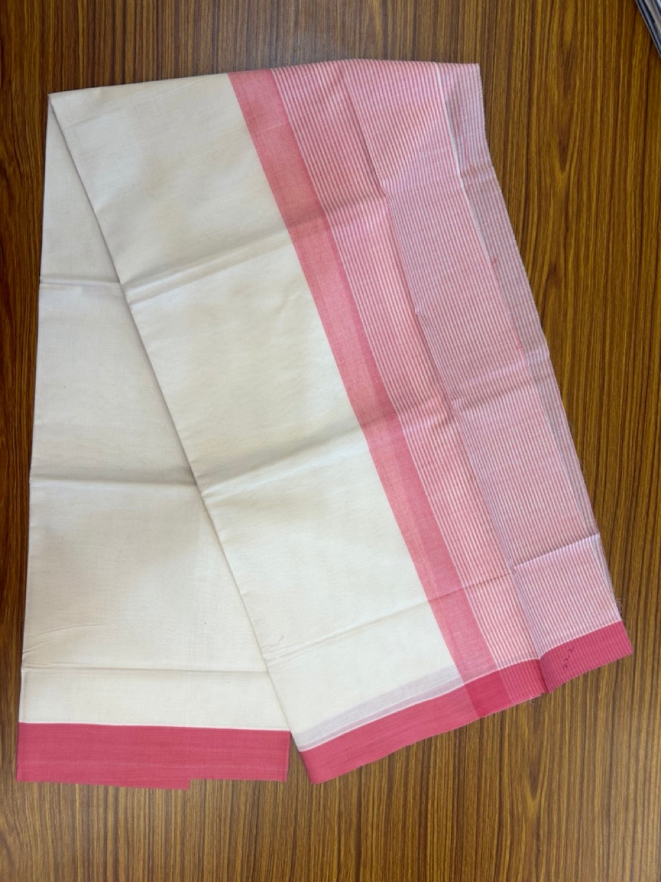 21% Discount! KaithariKada Balaramapuram 100% Cotton Off white (Unbleached) Double Mundu/Dhoti - 100x80 - 7.25 inch Dark Pink Stripes Kara 4 mtr (8.5 muzham) - 36 KK5284 PMC
