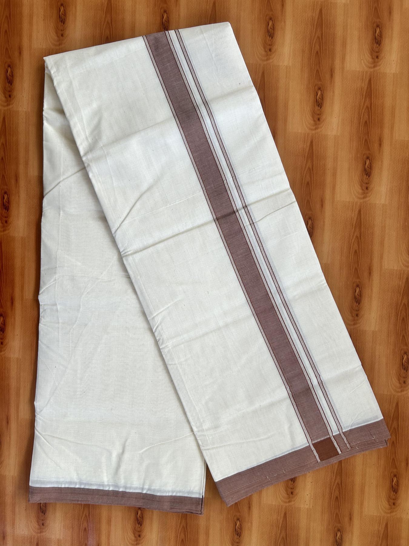 Double Off white - (Unbleached) Mundu/Dhoti- 20% Discount!! KaithariKada Balaramapuram 100% Cotton - 100x80 - 1.25 inch Walnut Brown Shaded Striped Kara - 3.75 mtr (8 Muzham) - 7 KK5419 ASH