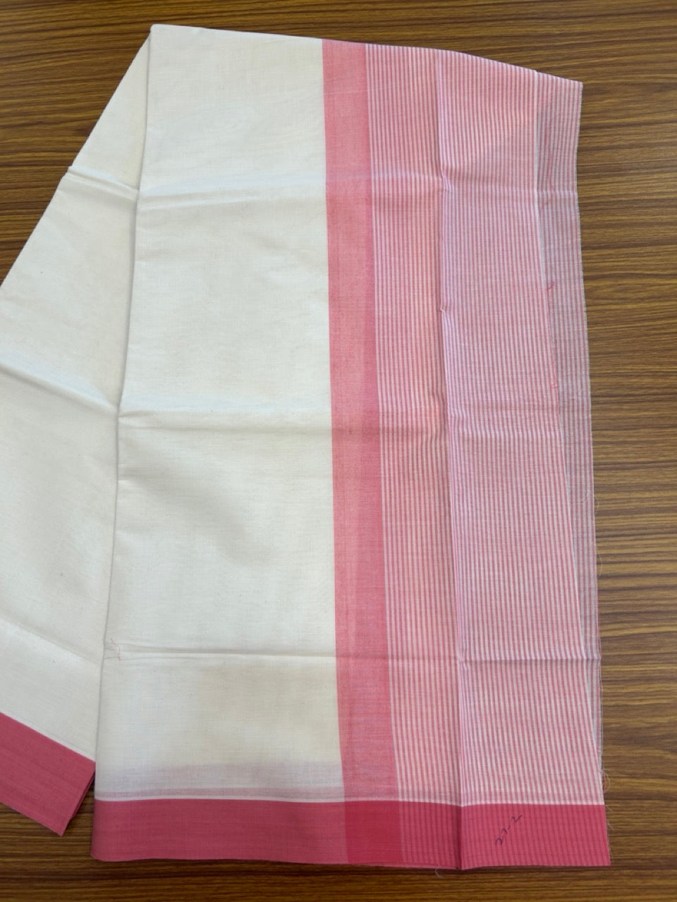 21% Discount! KaithariKada Balaramapuram 100% Cotton Off white (Unbleached) Double Mundu/Dhoti - 100x80 - 7.25 inch Dark Pink Stripes Kara 4 mtr (8.5 muzham) - 36 KK5284 PMC