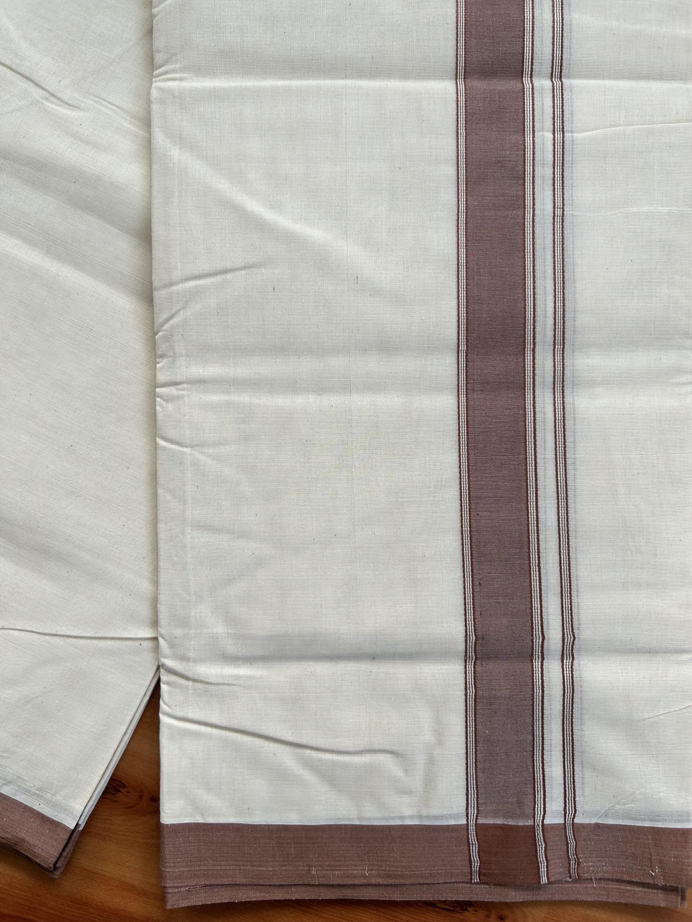 Double Off white - (Unbleached) Mundu/Dhoti- 20% Discount!! KaithariKada Balaramapuram 100% Cotton - 100x80 - 1.25 inch Walnut Brown Shaded Striped Kara - 3.75 mtr (8 Muzham) - 7 KK5419 ASH