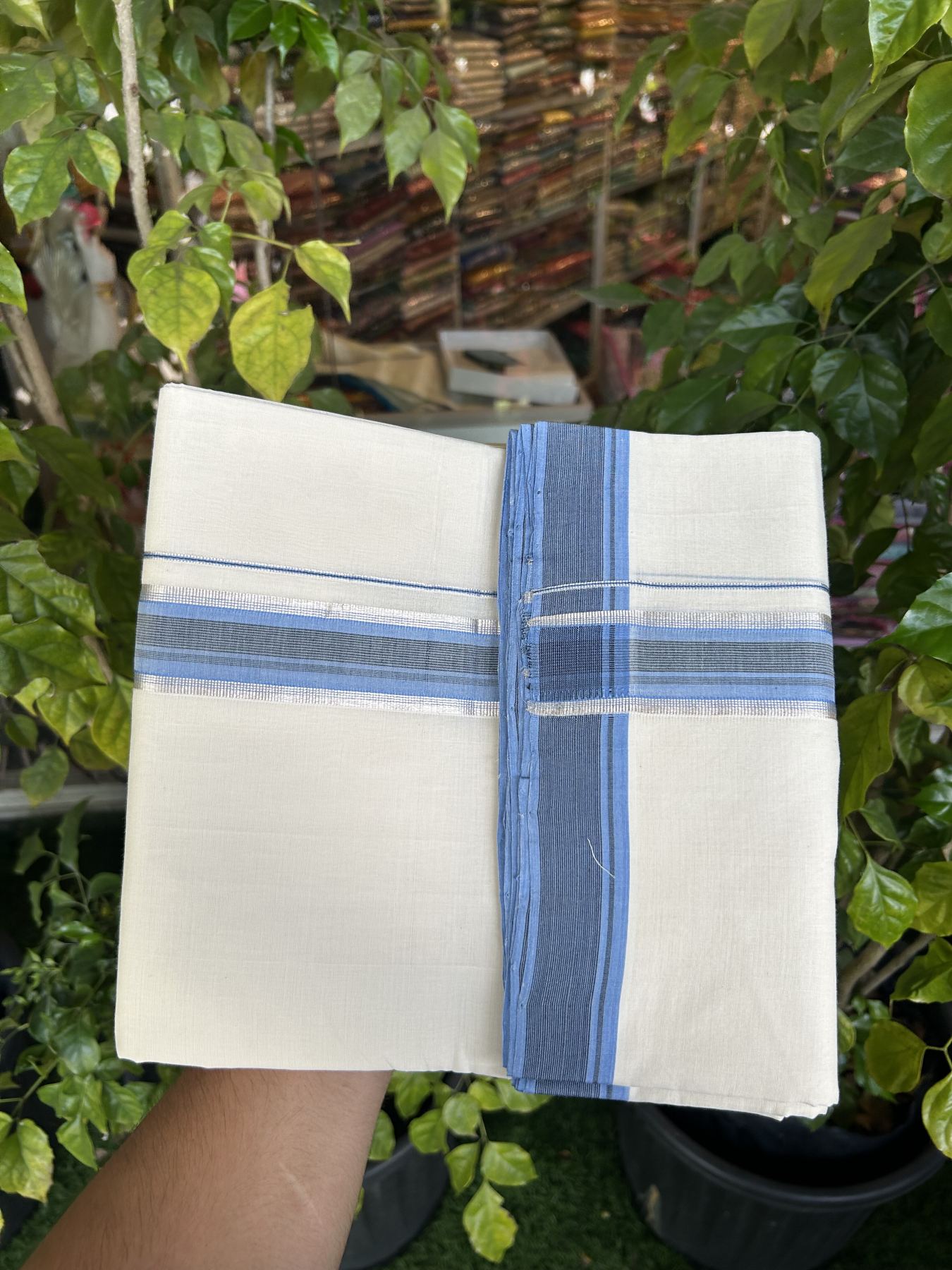 25% Discount ! Kaitharikada Handloom Unakkupaav Balaramapuram - 100% Pure Cotton Off White - (Unbleached) Double Mundu/Dhoti - 100x80 - 1.75 inch Silver Kasav Black & Blue Striped Kara 4 mtr (8.5 Muzham) - 34 KK5320 RAM