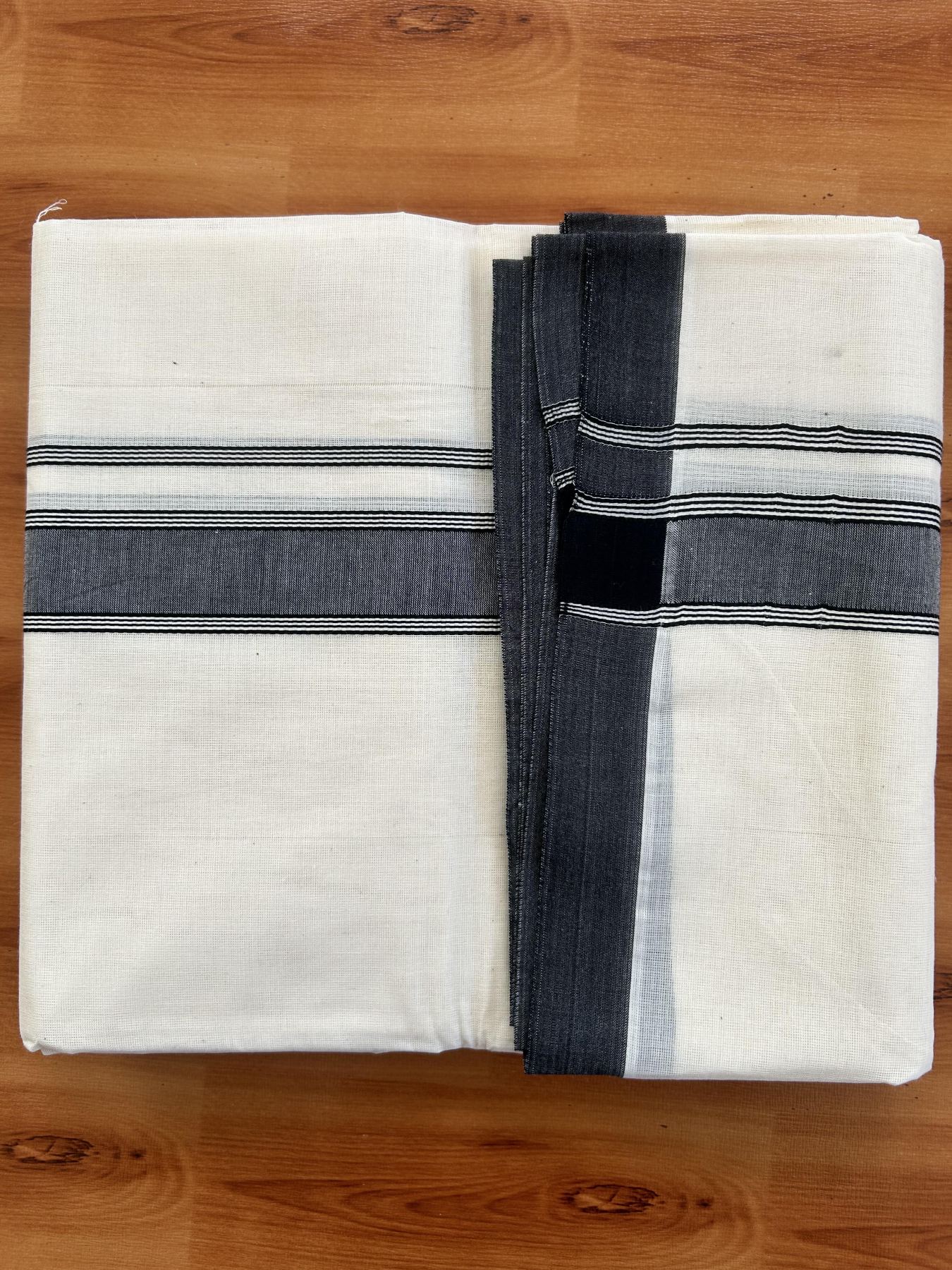 Double Off white - (Unbleached) Mundu/Dhoti- 20% Discount!! KaithariKada Balaramapuram 100% Cotton - 100x80 - 1.25 inch Black Shaded Striped Kara - 3.75 mtr (8 Muzham) - 5 KK5419 ASH
